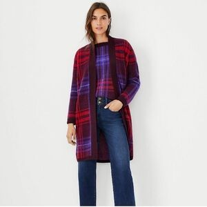 Ann Taylor Cardigan Sweater Plaid Maroon Blue Red Coat Long Medium Petite